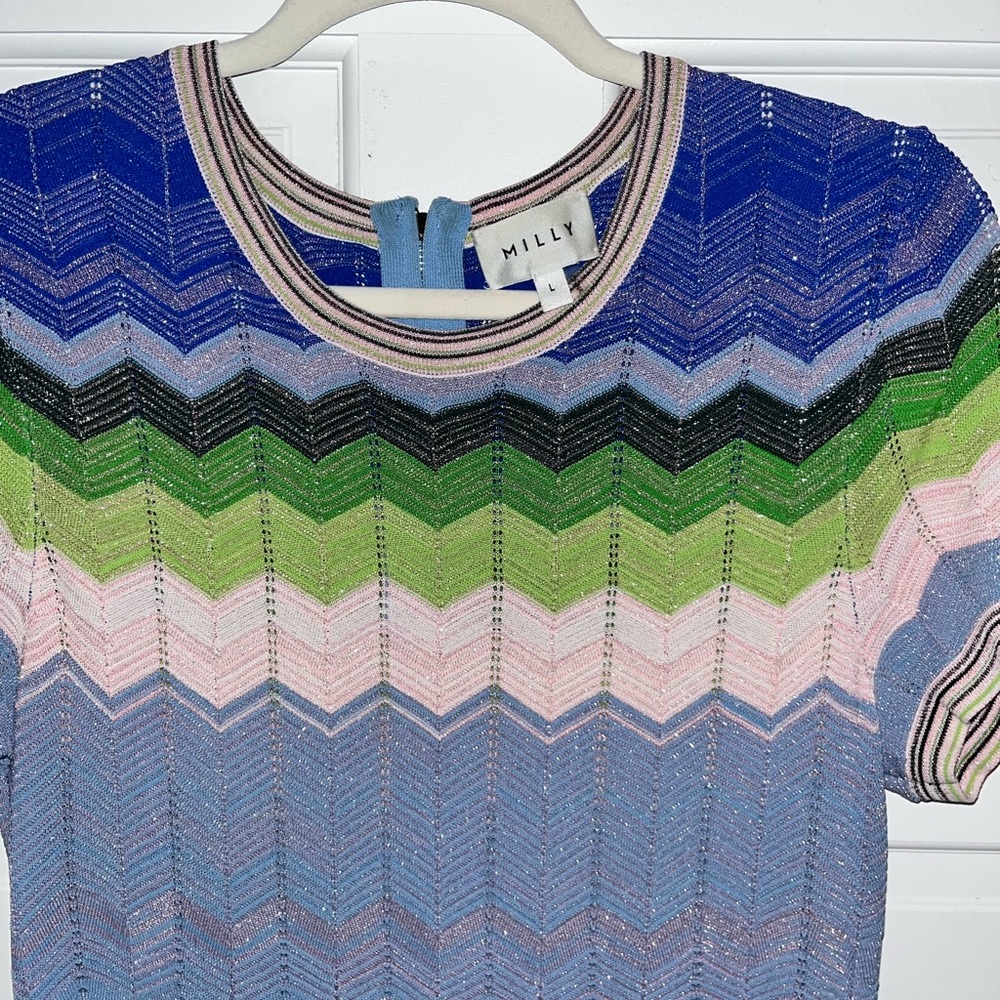 Milly Scalloped Chevron Mini Dress in Blue Multi Size Large - Picture 3 of 4